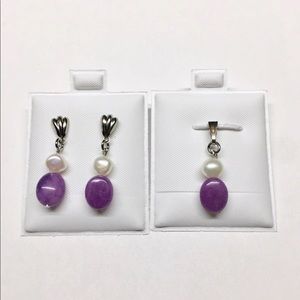 Purple Agate and pearl earring pendent set